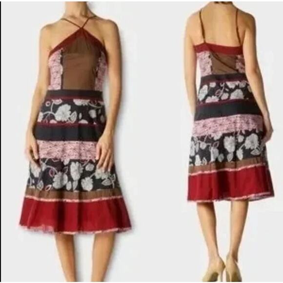 BCBGMaxAzria Patchwork Floral Halter Midi Dress Red - Picture 1 of 11